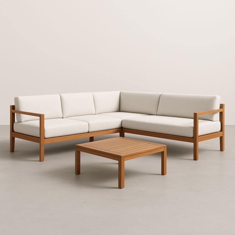 Ensemble de salon d'angle extérieur en bois avec coussins en polyester