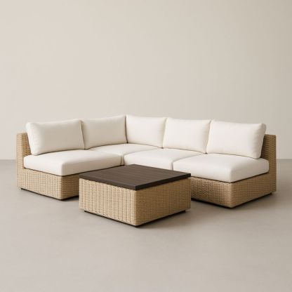 Canapé d'angle en rotin beige avec coussins crème