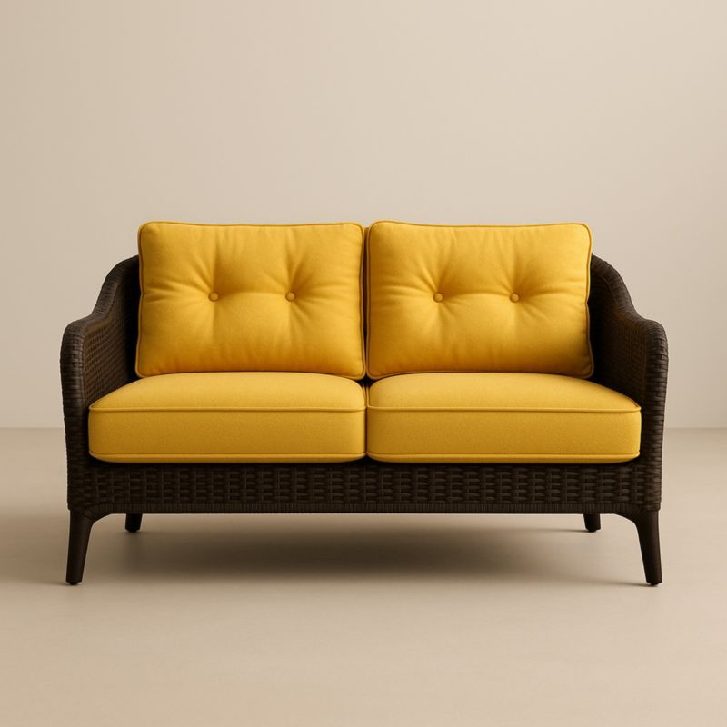 Canapé 2 places en résine tressée avec coussins jaunes