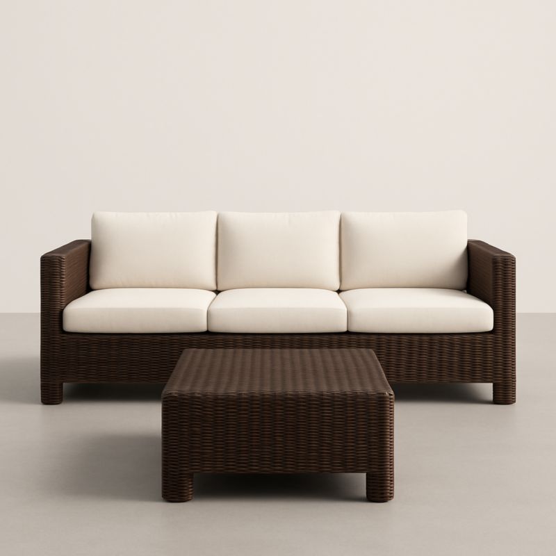 Canapé d'extérieur en rotin synthétique avec coussins déhoussables 3 places Marron/Crème