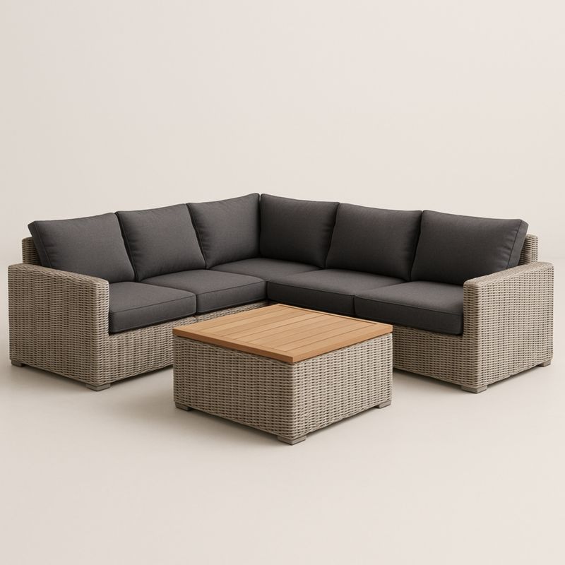 Ensemble de salon d’extérieur en rotin synthétique gris foncé et bois