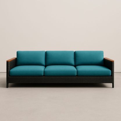 Canapé 3 Places Rotin Synthétique et Tissu Bleu Canard