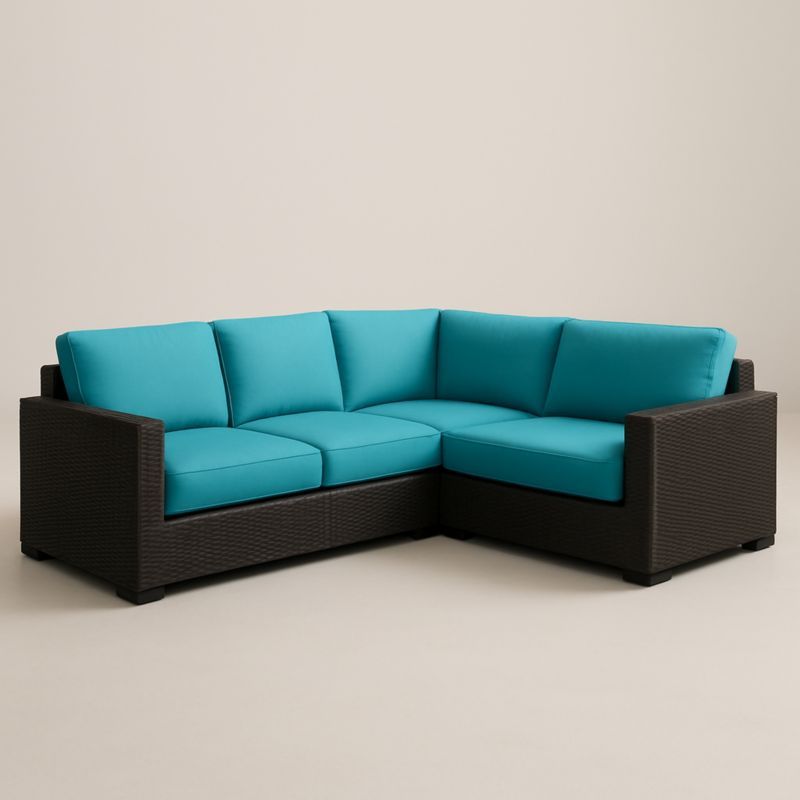 Canapé d'angle extérieur résine tressée turquoise coussins polyester