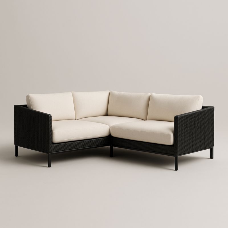 Canapé d'angle extérieur en métal et résine tressée coussins beige