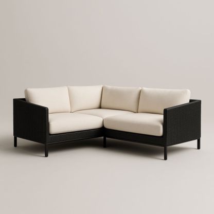 Canapé d'angle extérieur en métal et résine tressée coussins beige