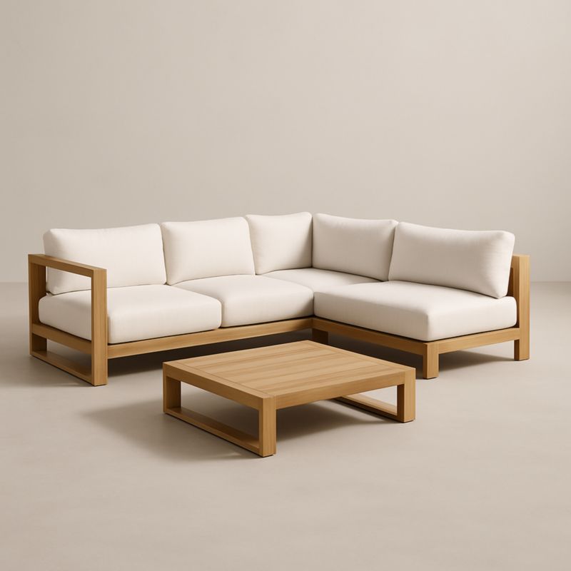 Canapé d'angle en bois de teck et tissu beige