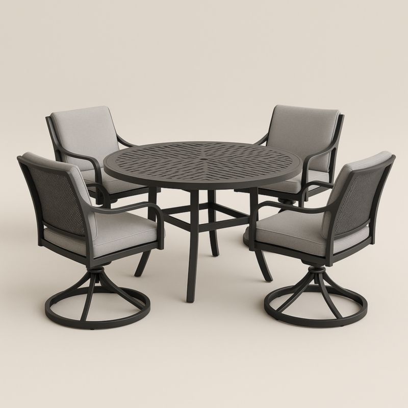 Ensemble de mobilier d'extérieur en aluminium noir avec table ronde et chaises pivotantes en tissu gris