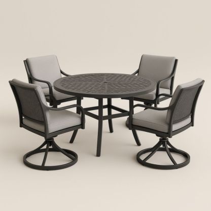 Ensemble de mobilier d'extérieur en aluminium noir avec table ronde et chaises pivotantes en tissu gris