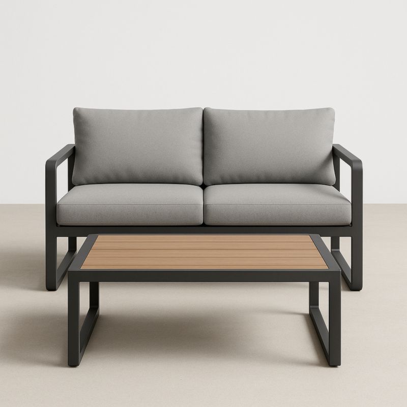 Ensemble canapé deux places en aluminium gris avec coussins en polyester et table basse en bois composite