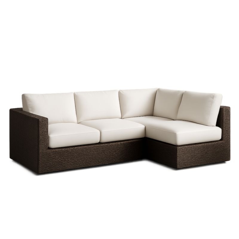 Canapé d'angle en rotin coussins en tissu crème