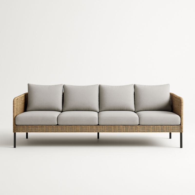 Canapé 4 Places en Rotin et Métal avec Coussins Gris