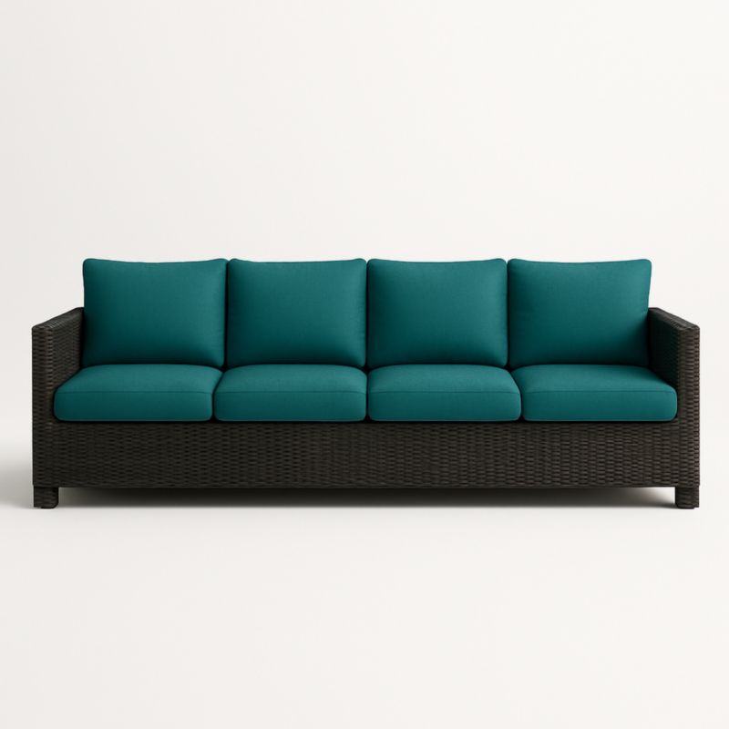 Canapé d'extérieur en résine tressée avec coussins turquoise