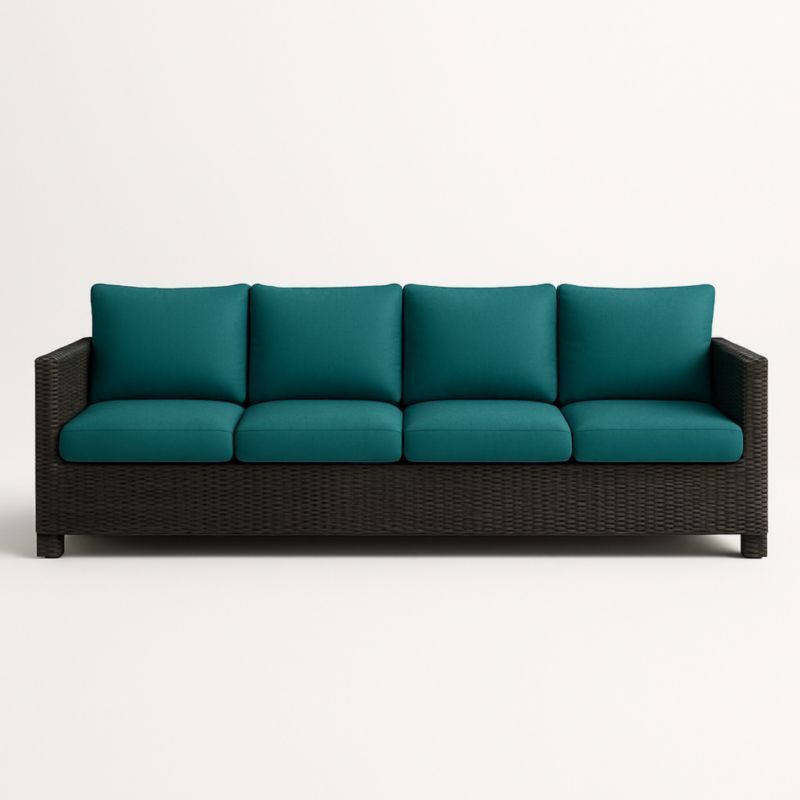 Canapé d'extérieur en résine tressée avec coussins turquoise