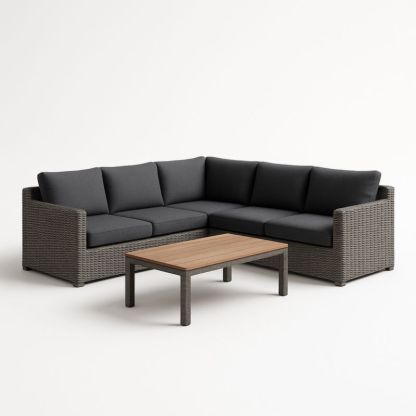 Canapé d'angle en résine tressée avec coussins gris et table en bois