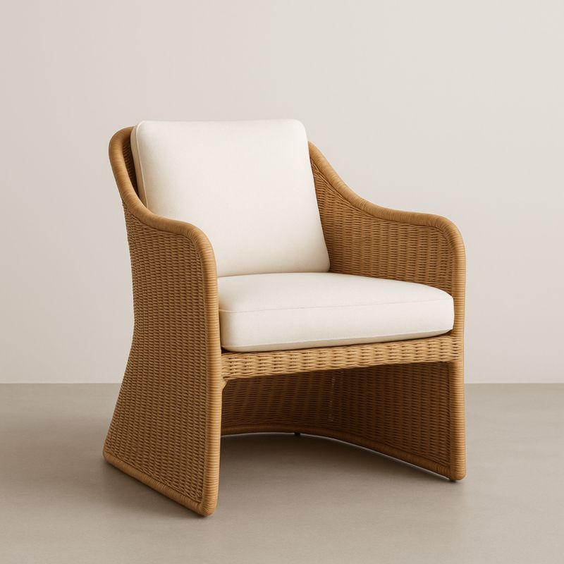 Fauteuil en Résine Tressée Beige avec Coussin en Tissu Blanc