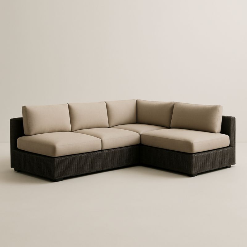 Canapé d'angle en résine tressée avec coussins beige