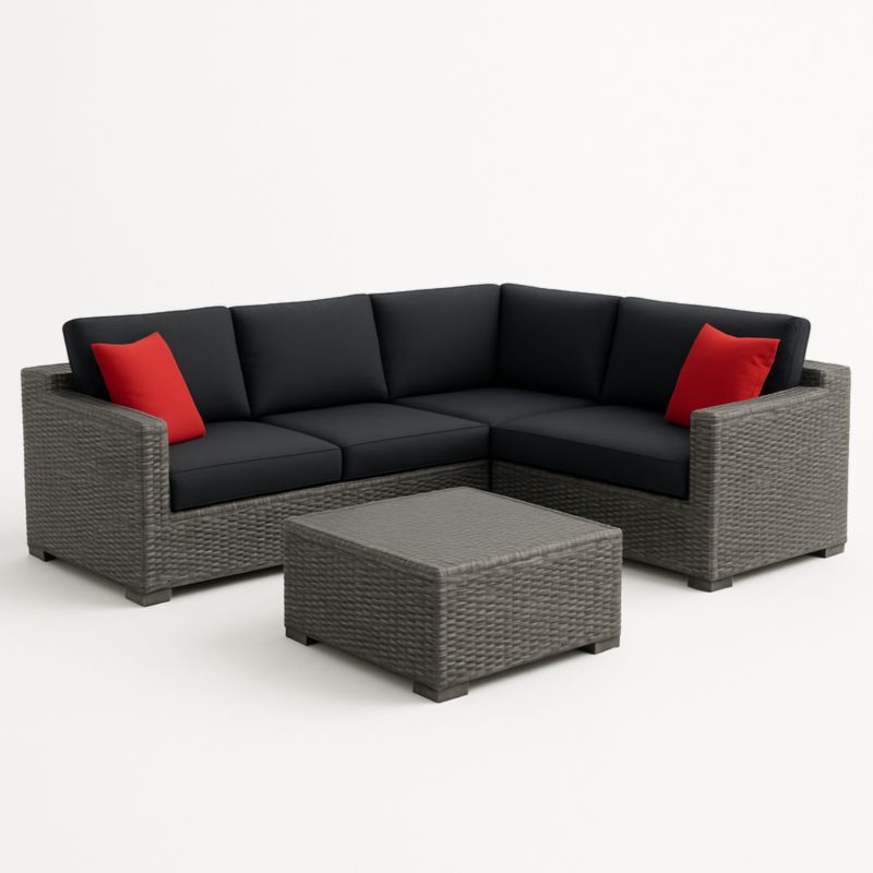 Ensemble d'Angle en Résine Tressée avec Coussins Noirs et Rouges