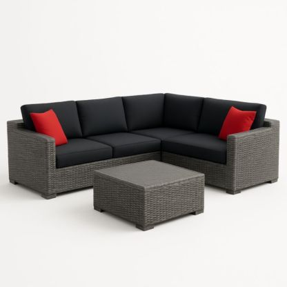 Ensemble d'Angle en Résine Tressée avec Coussins Noirs et Rouges