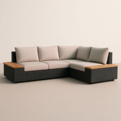 Canapé d'Angle Extérieur Résine Tressée Noir et Teck Coussins Beiges