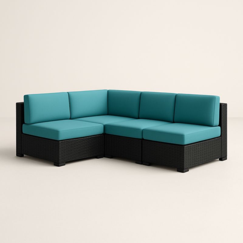 Canapé d'angle modulable en résine tressée avec coussins turquoise