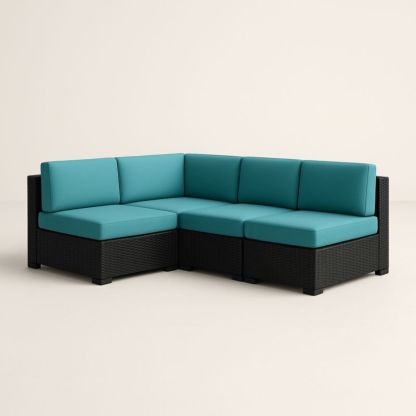 Canapé d'angle modulable en résine tressée avec coussins turquoise