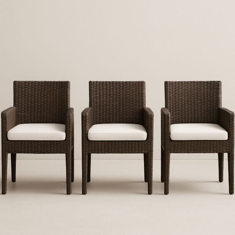 Lot de 3 Chaises d'Extérieur en Rotin Synthétique Marron avec Coussins Blancs