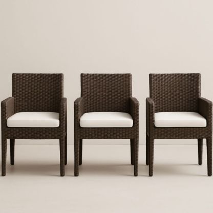 Lot de 3 Chaises d'Extérieur en Rotin Synthétique Marron avec Coussins Blancs