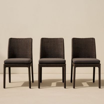 Ensemble de 3 chaises de terrasse en résine tressée Marron avec coussin Gris