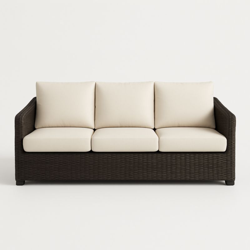 Canapé 3 places extérieur en rotin synthétique noir avec coussins crème