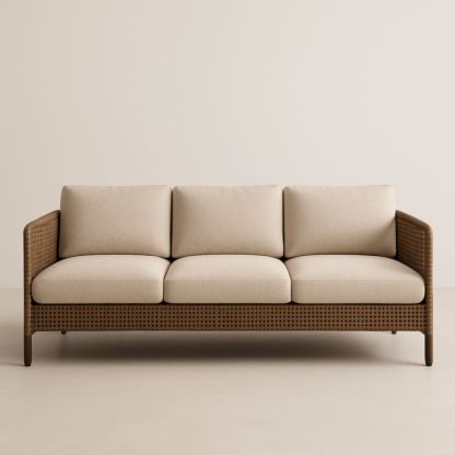 Canapé 3 Places Résine Marron Coussins Beige