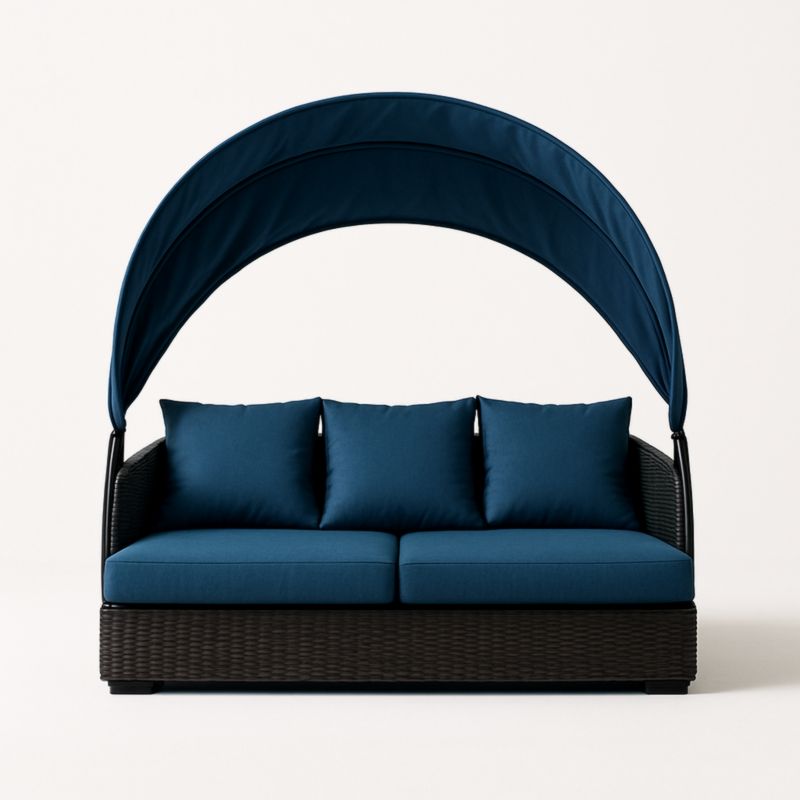 Canapé de jardin en résine avec auvent bleu et coussins