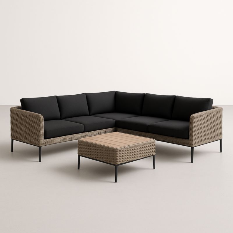 Ensemble de Jardin en Résine Tressée avec Table et Coussins Noirs