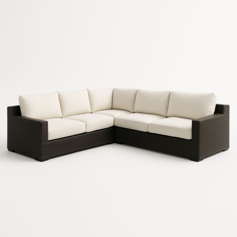 Canapé d’angle d’extérieur en résine tressée marron avec coussins crème