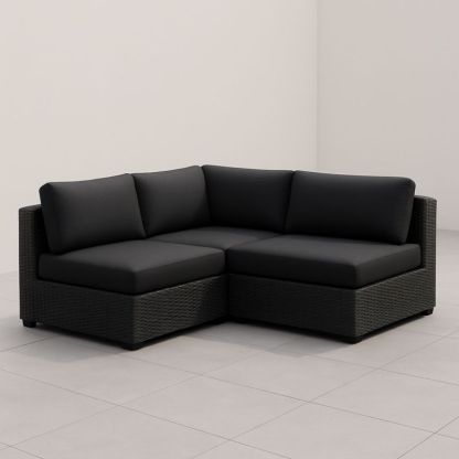 Canapé d'angle extérieur en résine tressée noire avec coussins en polyester