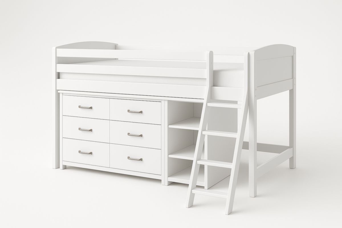 Lit mezzanine enfant avec tiroirs et étagères bois blanc