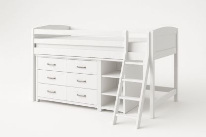 Lit mezzanine enfant avec tiroirs et étagères bois blanc
