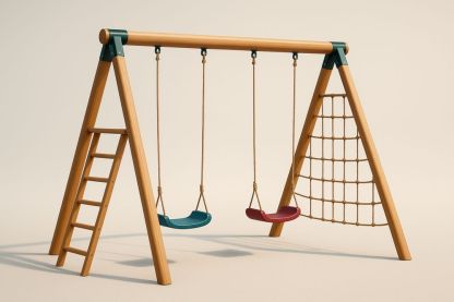 Balancoire en Bois Massif avec Échelle et Filet en Corde