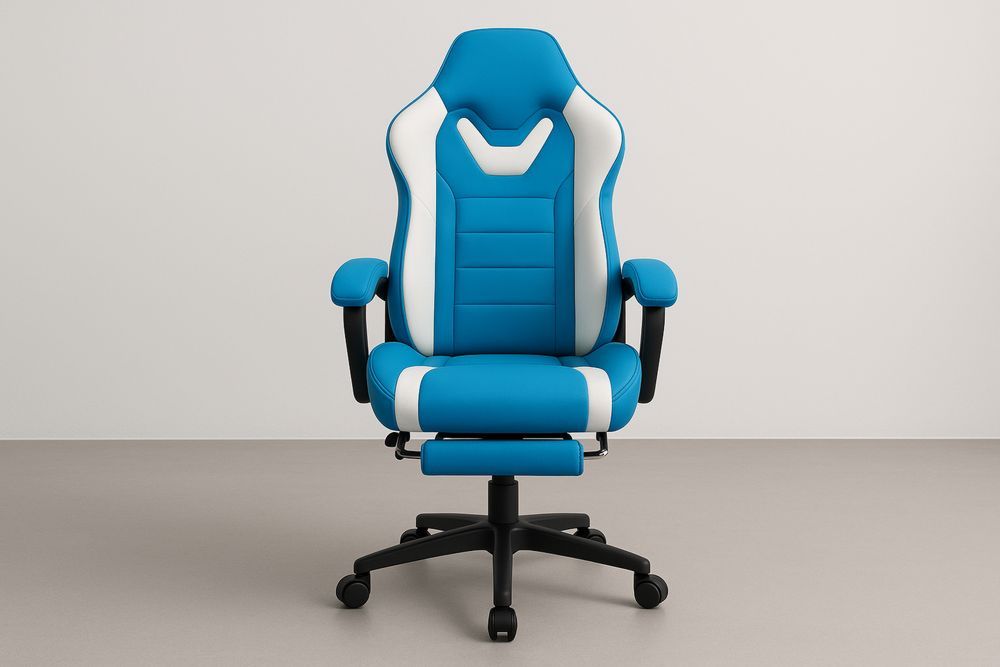 Chaise Gaming Similicuir Bleu et Blanc avec Repose-Pieds