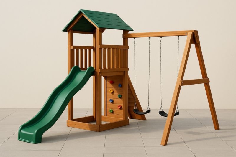 Aire de jeu en bois avec toboggan vert et balançoires