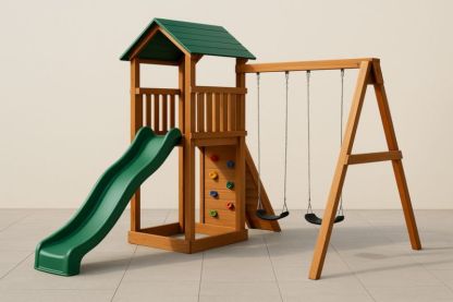 Aire de jeu en bois avec toboggan vert et balançoires