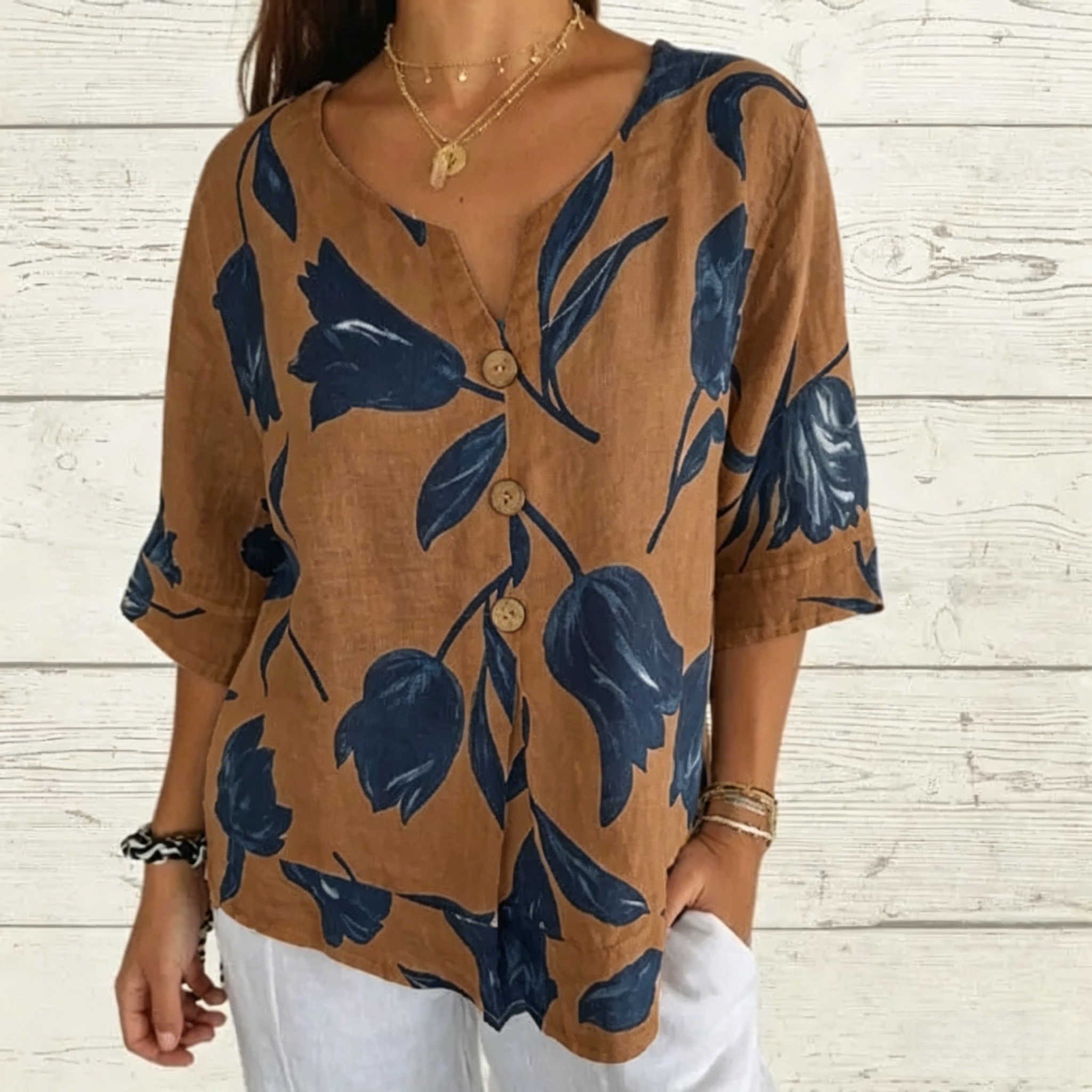 Printed Linen-Cotton V-Neck Pullover Shirt 