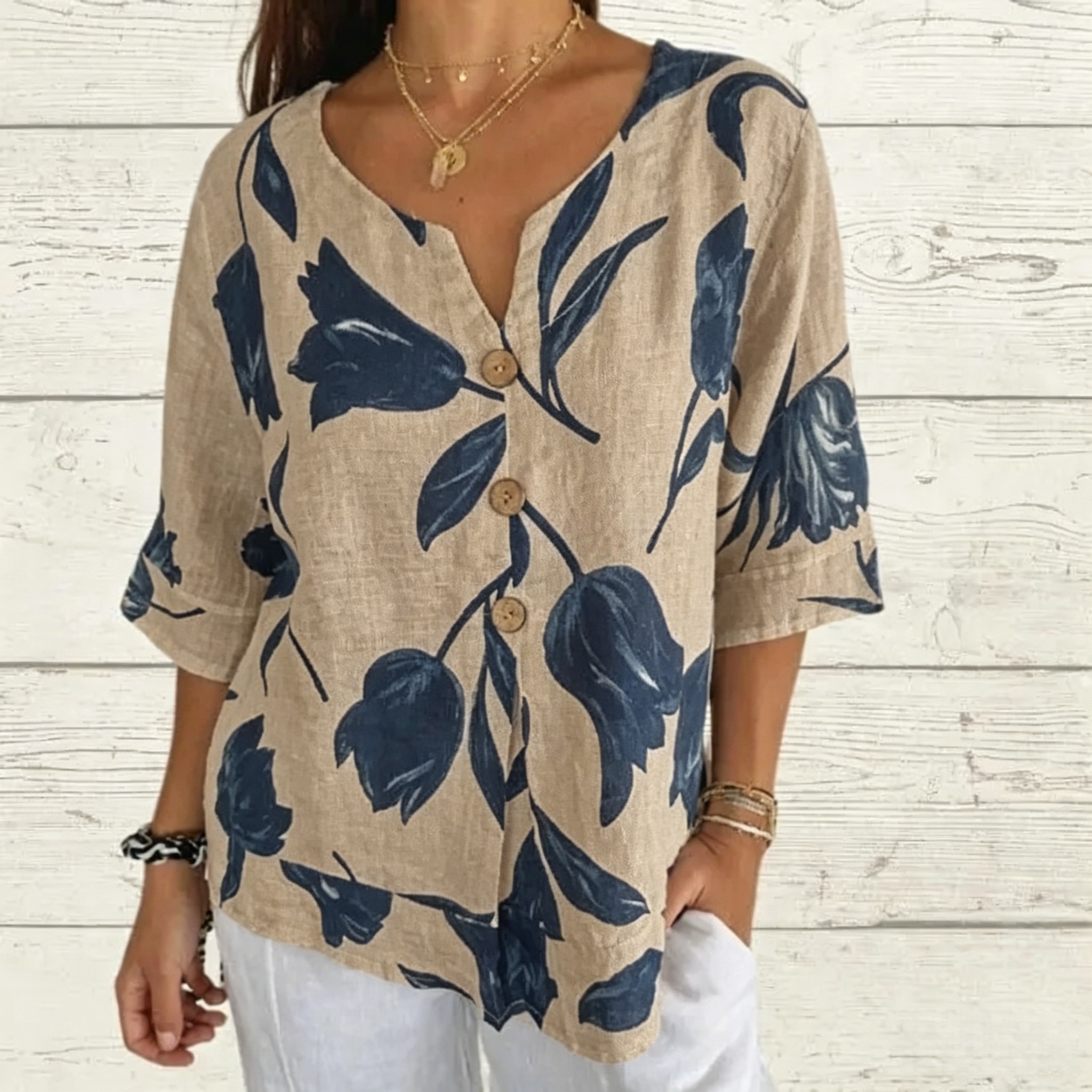 Printed Linen-Cotton V-Neck Pullover Shirt 