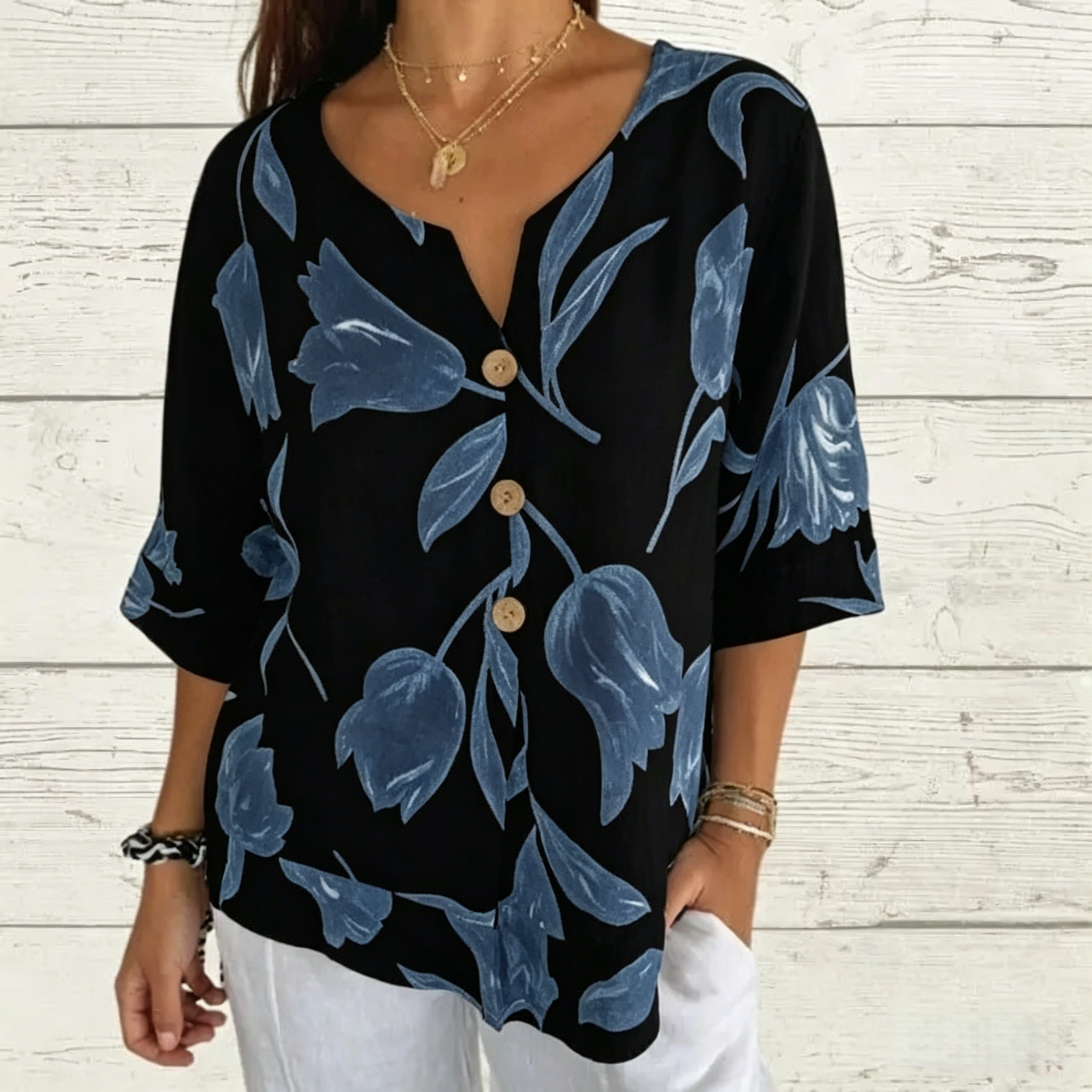 Printed Linen-Cotton V-Neck Pullover Shirt 