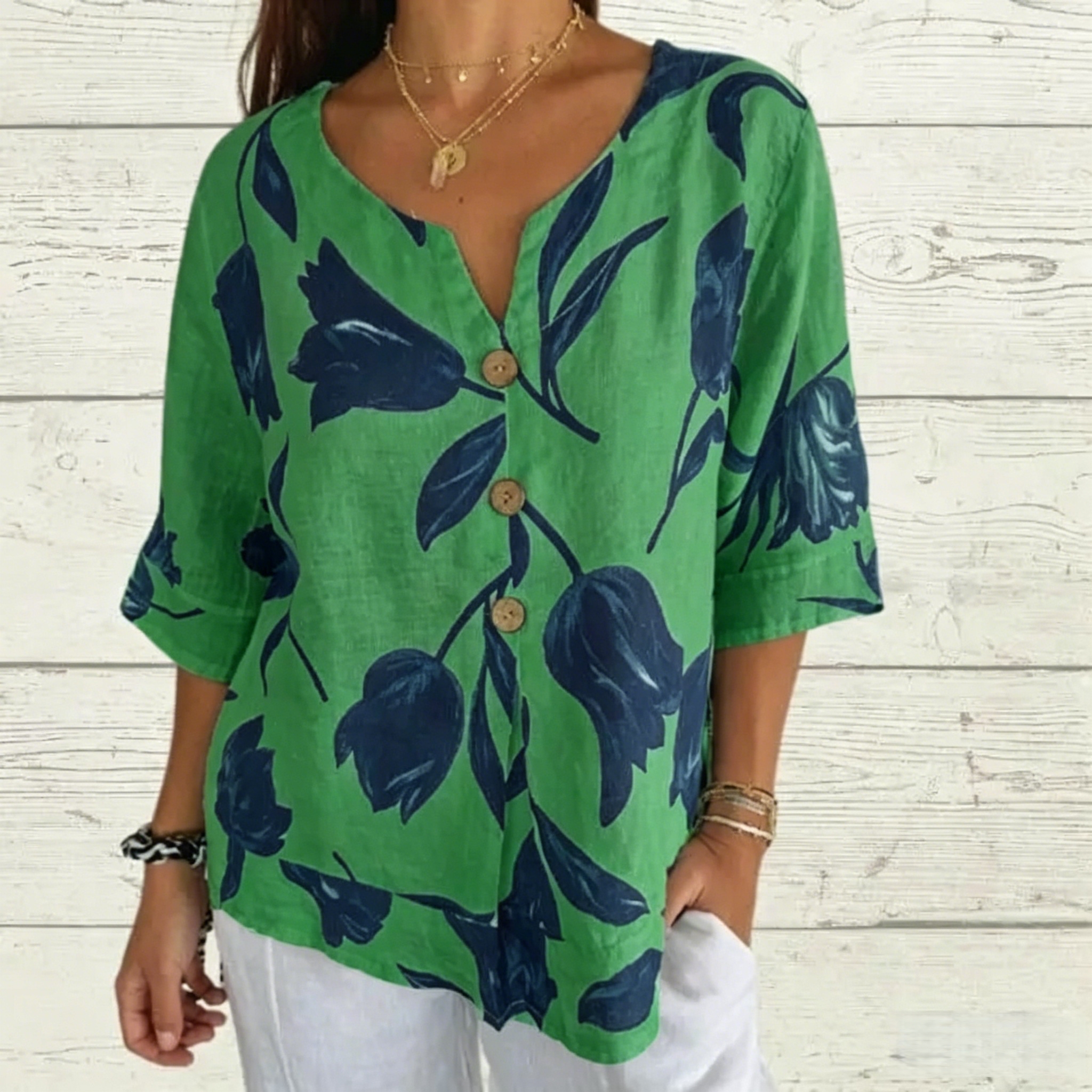 Printed Linen-Cotton V-Neck Pullover Shirt 