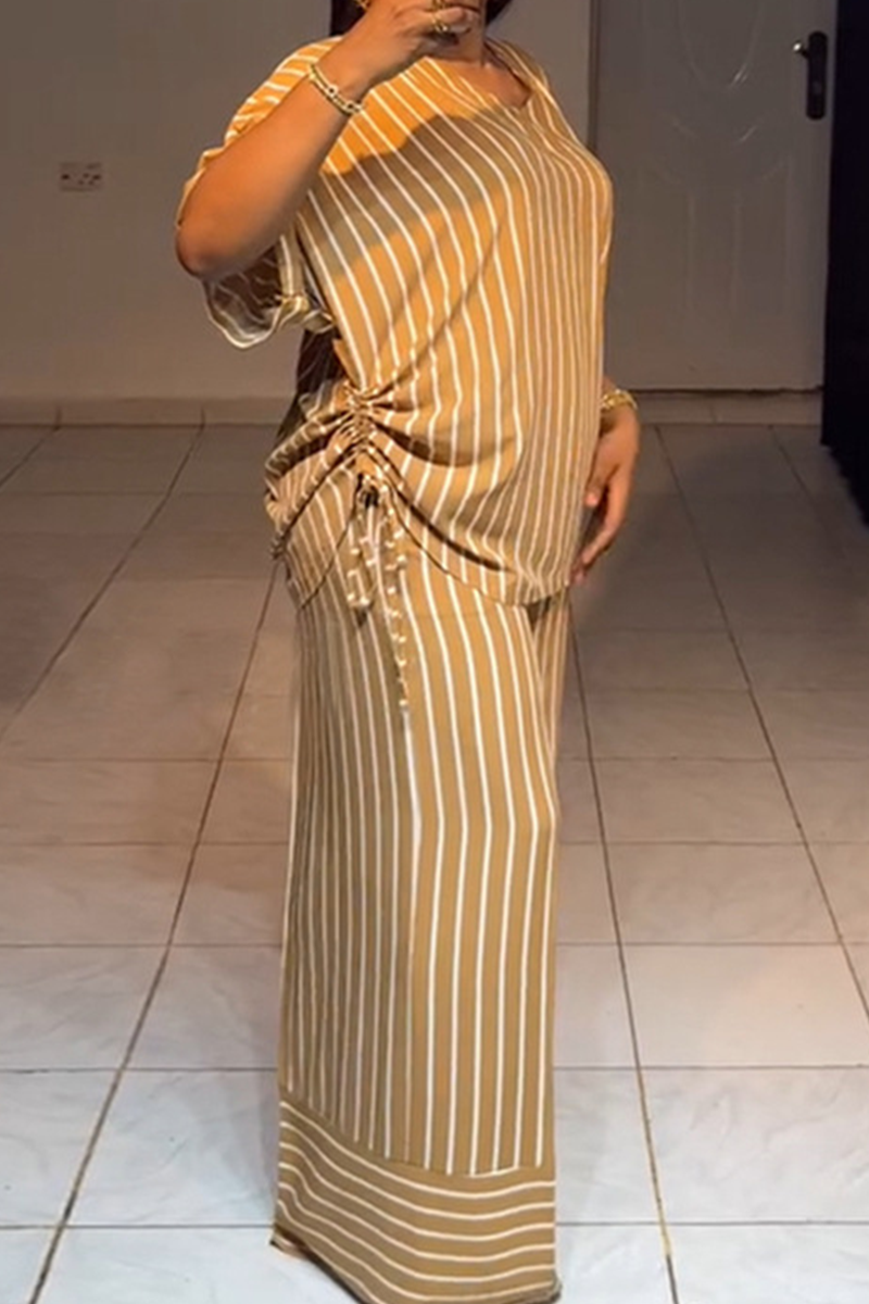Casual Stripe Draw String V Neck Short Sleeve Two Pieces