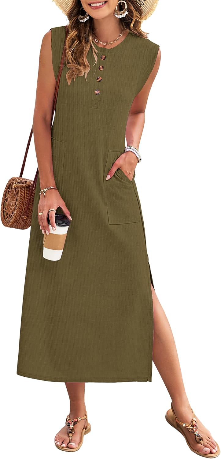 MISFAY Summer Dresses for Women 2026 Waffle Knit Long Maxi Sundresses Cap Sleeve Loose Beach T Shirt Dress