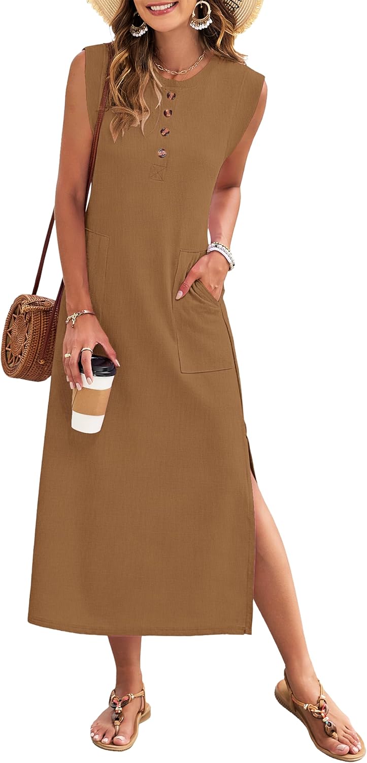 MISFAY Summer Dresses for Women 2026 Waffle Knit Long Maxi Sundresses Cap Sleeve Loose Beach T Shirt Dress