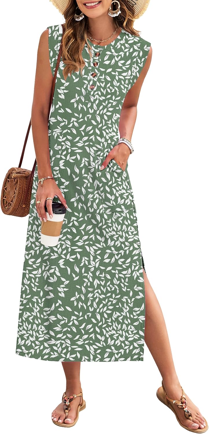 MISFAY Summer Dresses for Women 2026 Waffle Knit Long Maxi Sundresses Cap Sleeve Loose Beach T Shirt Dress