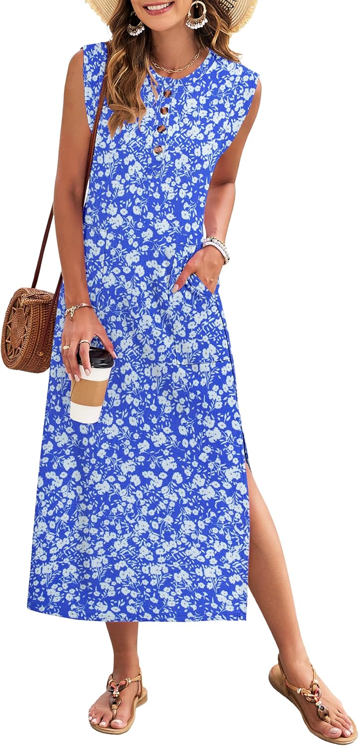 MISFAY Summer Dresses for Women 2026 Waffle Knit Long Maxi Sundresses Cap Sleeve Loose Beach T Shirt Dress