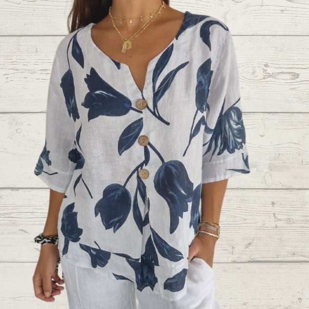Printed Linen-Cotton V-Neck Pullover Shirt 